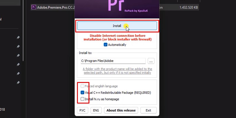 Adobe Premiere Pro CC 2018 Cài Đặt Đơn Giản, Nhanh Chóng 13 Tích như hình và bấm Install