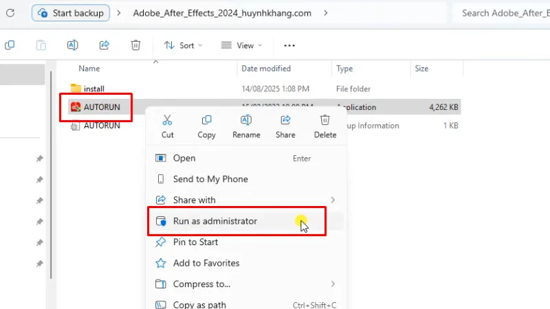 Chạy file cài đặt AUTORUN bằng quyền Admin