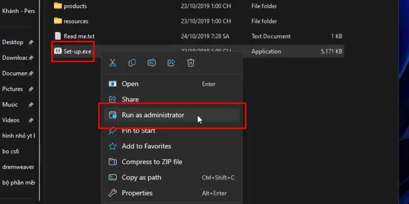 bấm chuột phải và chọn run as admin