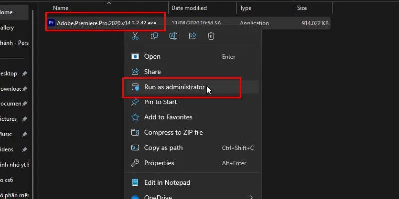 Chuột phải vào Adobe.Premiere.pro.2020 và chọn run as admin