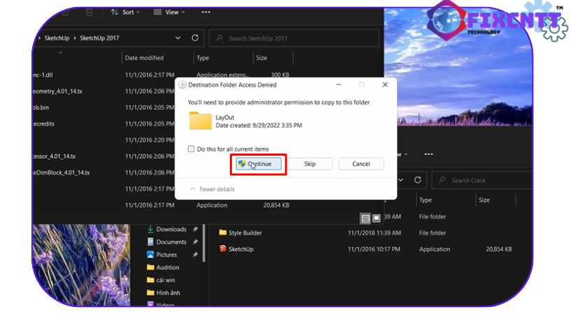 Chọn continue hoàn thành cài đặt sketchup 2017.
