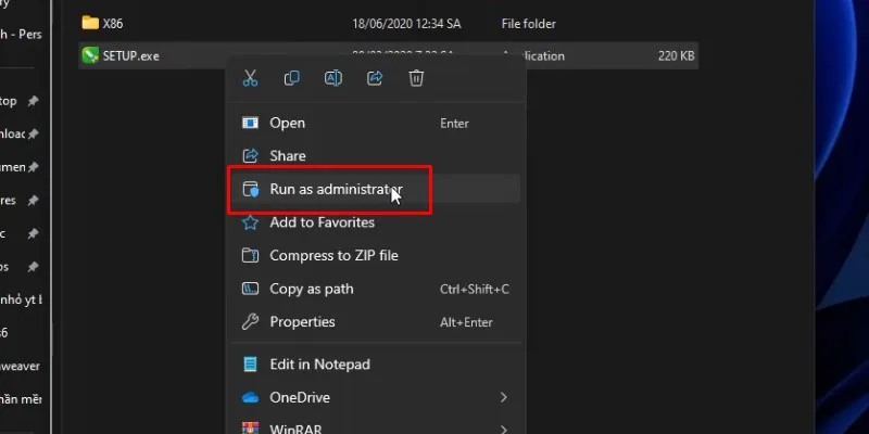 Chuột phải vào SETUP và chọn Run as admin