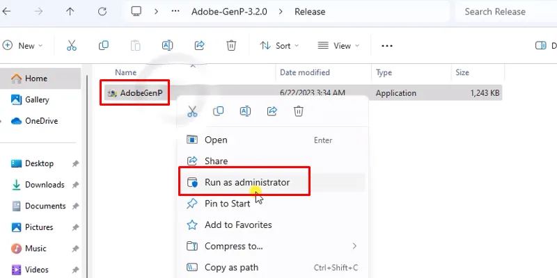 chuột phải file adobeGenp và chọn Run As Admin