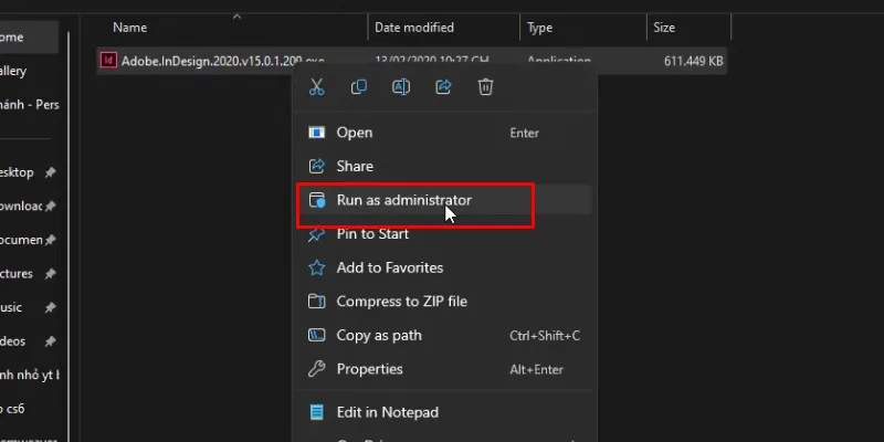 chuột phải vào file cài đặt và chọn run as admin