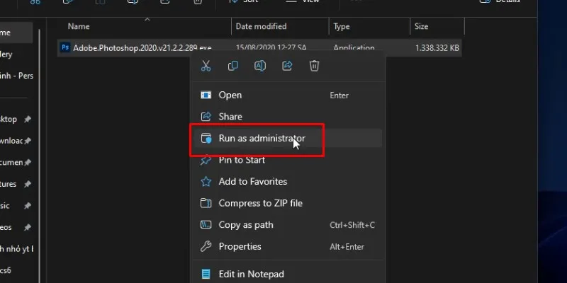 Chuột phải vào Adobe.Photoshop.2020.v21 và chọn run as admin